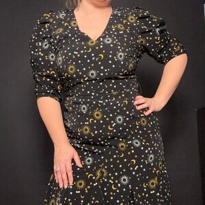 Karl Lagerfeld Paris Boho Celestial Sun Moon Star V-Neck Dress Whimsigoth M